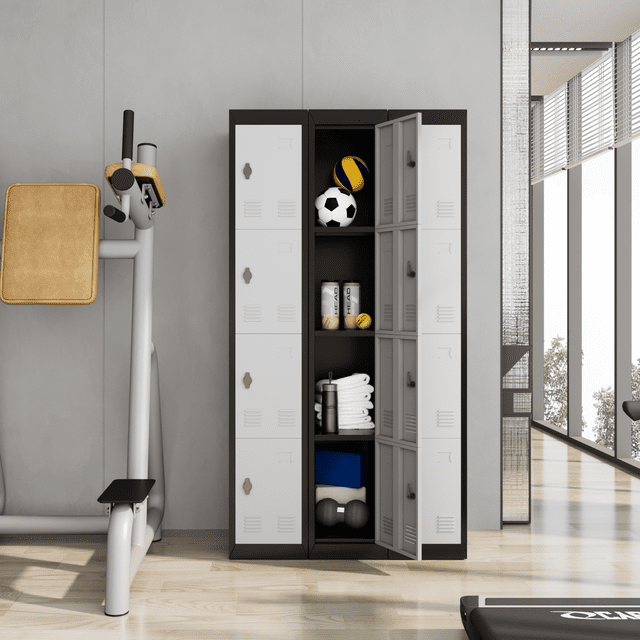 Tall Steel Storage Cabinet with 4 Lockable Doors, Metal Locker Organizer with Adjustable Shelves, Secure Rust-Resistant Design for Office, School, Garage, Gym, Home – Grey/Black, Light Gray+Black