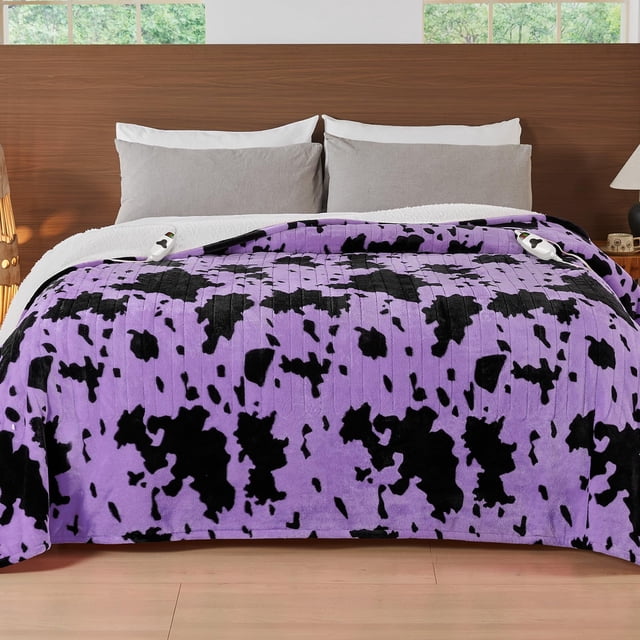 Manta eléctrica con calefacción RUJIPO con estampado de vaca, tamaño queen, color morado