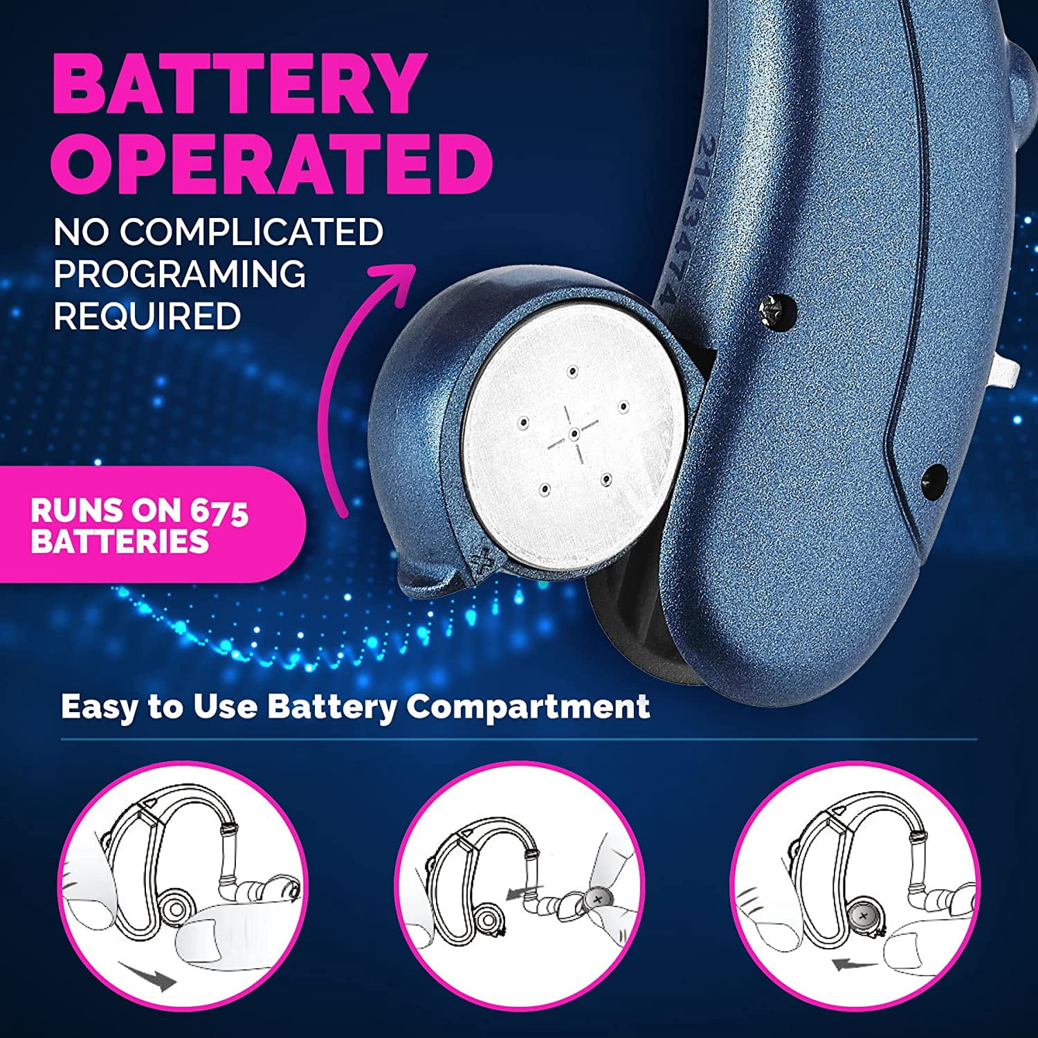 MEDca Digital Hearing Amplifier Pair - Rechargeable - Behind-The-Ear for Adults - Blue