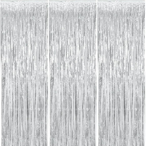 3.3 ft x 9.9 ft Fringe Curtains, 3 Pack Decorations, Metallic Photo Backdrop Tinsel Backdrop Foil Curtains, Metallic Party Supplies Wedding Decor(Silver)