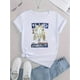 thumbnail image 5 of Camiseta moderna con estampado de gato para mujer: cuello redondo informal, manga corta, algodón elástico, lavable a máquina. Perfecta para verano, ropa informal y camisetas de ocio., 5 of 6