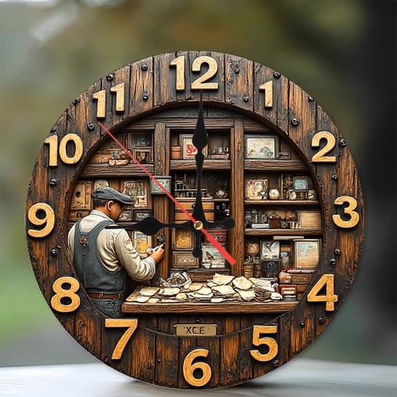 Vintage Wooden Shop Clock Wall Decor 10-Inch Silent Wooden Wall Clock, Battery Operated (AA Batteries Not Included), Artistic Home Decor