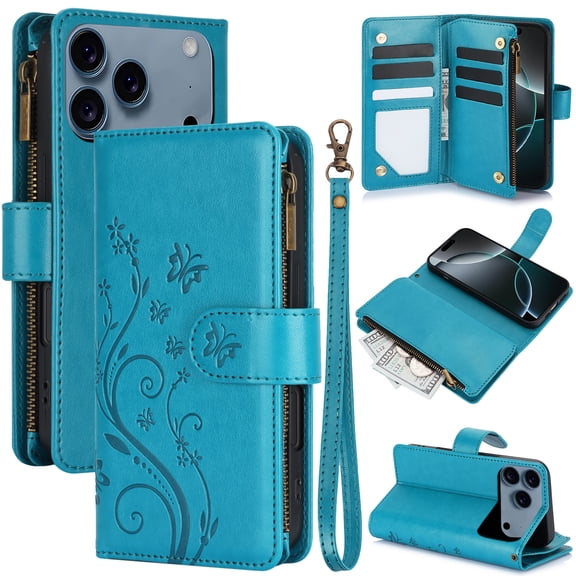 For iPhone 17 Pro Case Wallet Flip with Card Holder and Wrist Strap,Butterfly Floral Pattern Cover Case, Durable Leather Kickstand Magnetic Clasp Shockproof Phone Case for Women,Blue