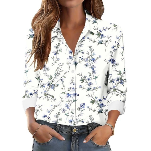 TaTaai Women Casual Printed Long Sleeve Collared Shirt Button Down Blouse Ladies Daily Commute Festival Event Wear Soft Breathable Non See Through Stylish Comfortable Top Gift