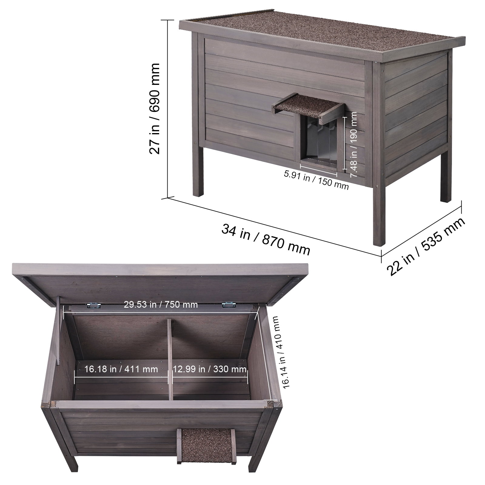 KFFKFF Weatherproof Outdoor Cat Shelter, Wooden Insulated House for Cats and Rabbit, 34x22x27in