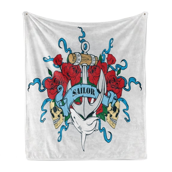 Anchor Soft Flannel Fleece Blanket, Anchor Head Bones Skeleton Roses Bouquet Dolphin Wildlife Danger Traveling, Cozy Plush for Indoor and Outdoor Use, 50" x 70", Red Blue Sand Brown, by Ambesonne