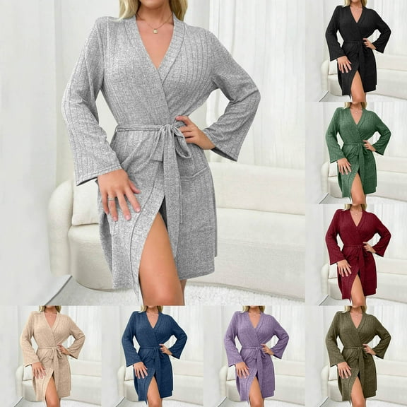 FRSASU Women's Soft Robes knitted Long Sleeve Bathrobes Kimonos Sleepwear Dressing Gown,Solid Color with Pocket Wine