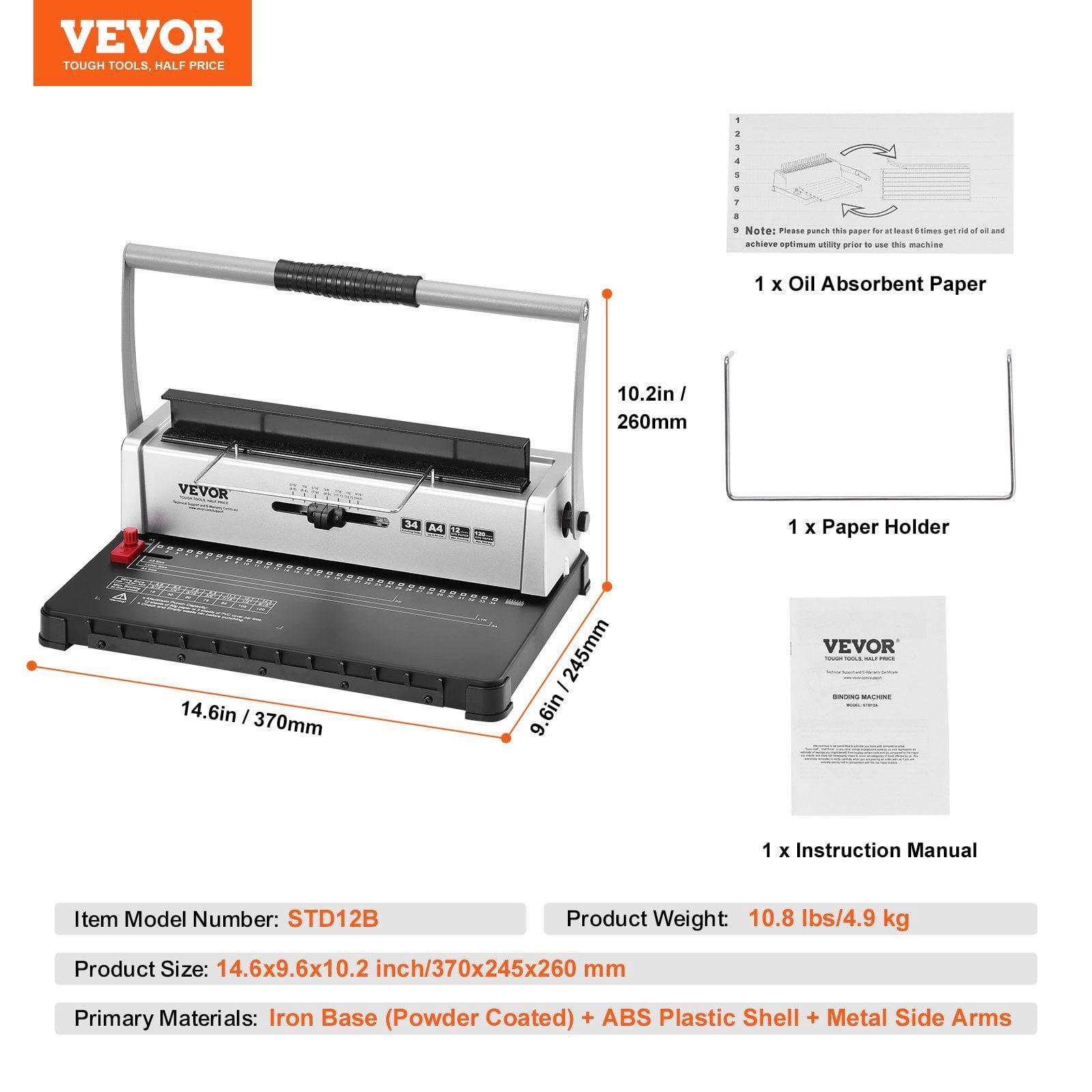 Manual Spiral Coil Binding Machine 34-Holes, Book Binder for 120 Sheets, 3/16"-9/16" Adjustable Plastic Coils, Compatible with Letter A4 A5 Paper