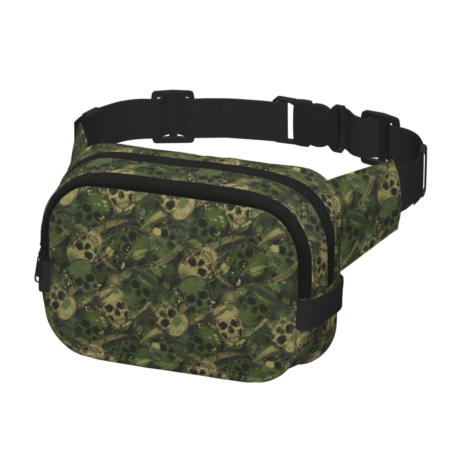 Rateoe Green Camouflage Skull Print Fanny Pack Belt Bag for Women and Men, Square Double-Layer Waterproof Waist Pack with Adjustable Strap for Hiking, Jogging, Cycling
