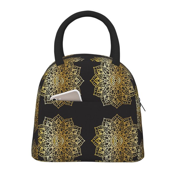 Balery Gold Mandala Bolsa de Almuerzo para Mujeres, Caja de Almuerzo, Bolsa de Almuerzo Pequeña Impermeable, Tote de Almuerzo Reutilizable con Gran Capacidad