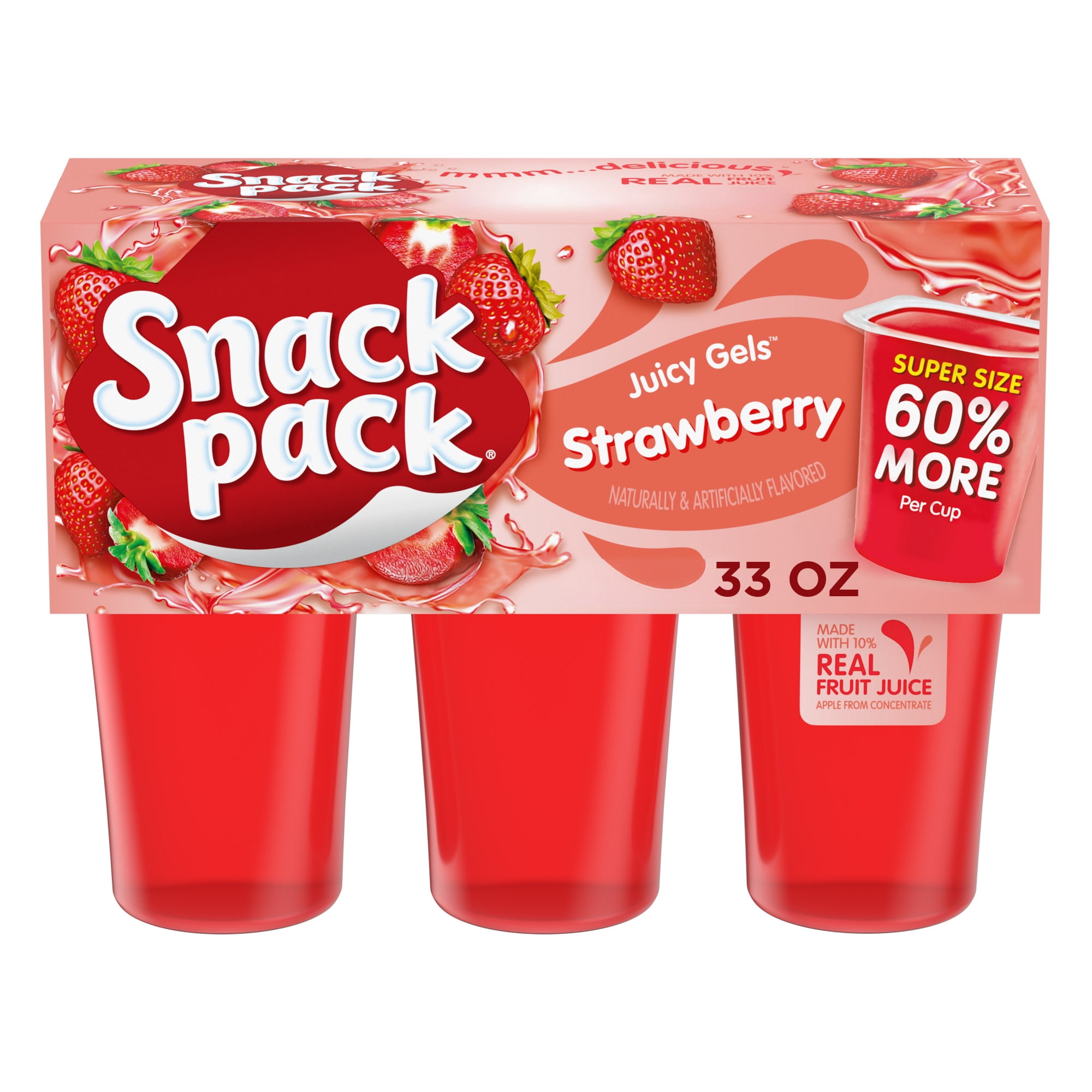 Snack Pack Super Size Strawberry Flavored Juicy Gels, Lunchbox Snacks, 5.5 oz Snack Cups, 6 Count