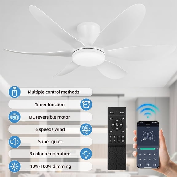 42 Inch Ceiling Fan with Light and Remote Control, Low  Flush Mount  Reversible LED Dimmable Modern Fan for Bedroom  Indoor Outdoor Use White