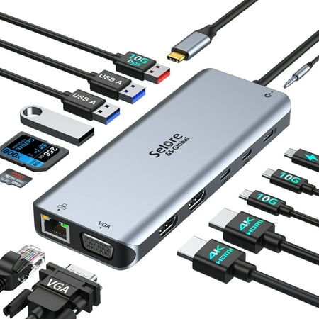 Laptop USB C Docking Station Dual Monitor USB 3.0 C Hub Adapter Dual 4K HDMI VGA 6 USB Data Transfer Ports 10Gpbs Gigabit Ethernet 100W PD Charging Audio SD/TF (14-in-1)