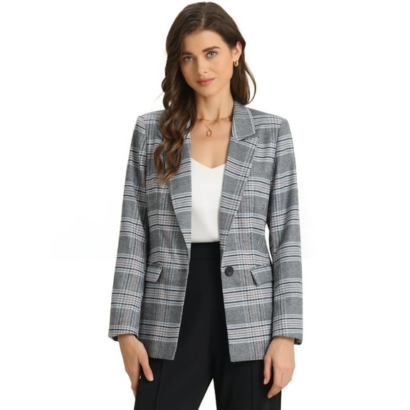 DARING DIVA Women's Boyfriend Notched Lapel One Button Blazer Suit Plaid Blazer Jacket M Grey