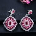 Elegant Rose Red Cubic Zirconia Crystal Bridal Long Flower Dangle Drop Earrings