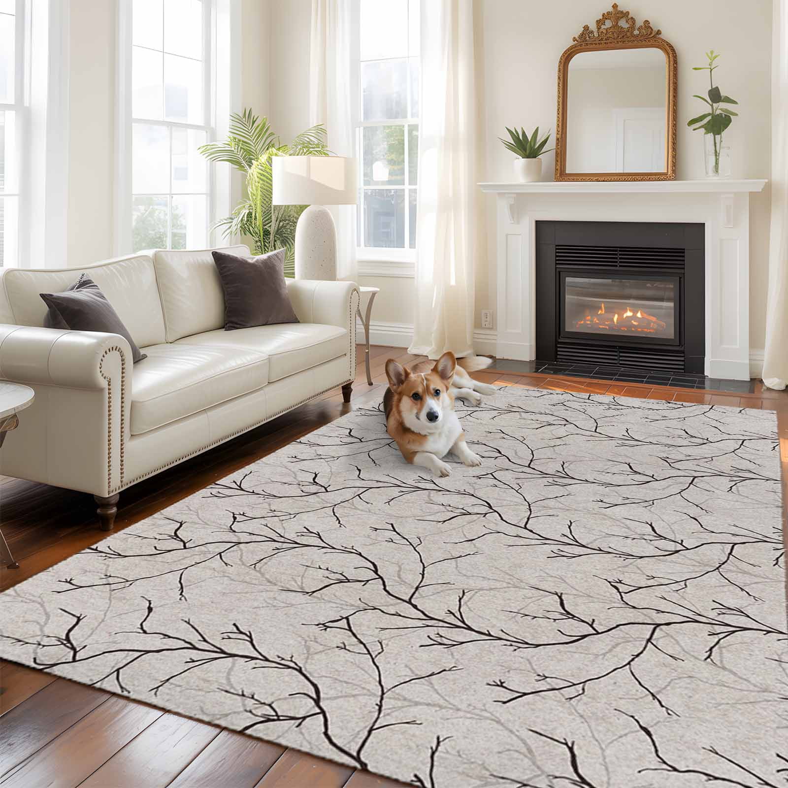 Black Grey Branches Area Rugs 8'x10', Washable Small Throw Rugs for Living Room Patio, Vintage Art Farmhouse Indoor Outdoor Rug Non-Slip Low Pile Carpet Runner Reversible Floor Mats