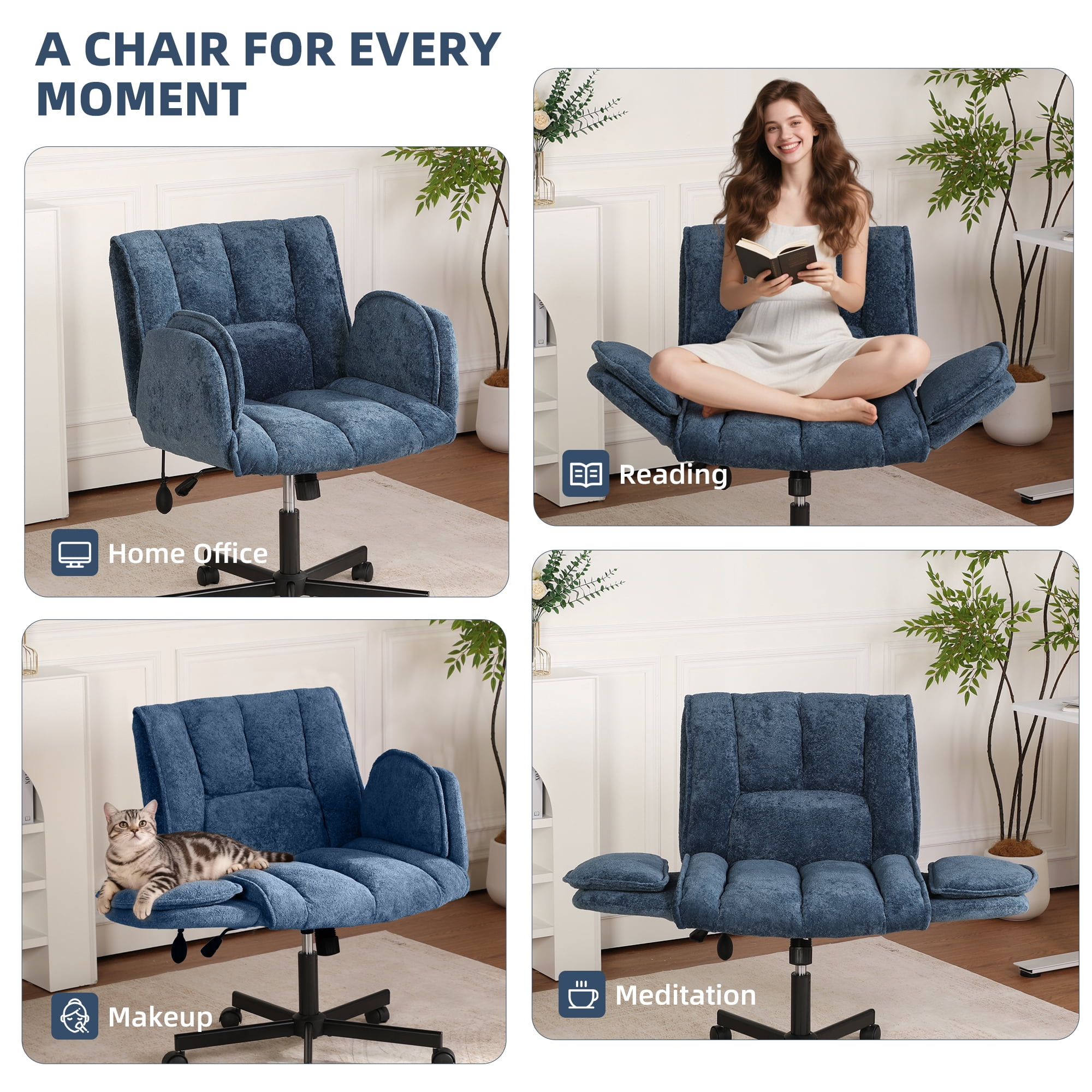 Cross Legged Office Chair with Wheels & Dynamic Airbag Lumbar Support, Criss Cross Wide Seat, 5-Position Fold-Down Armrests, Swivel Vanity Chair for Home Office, Blue
