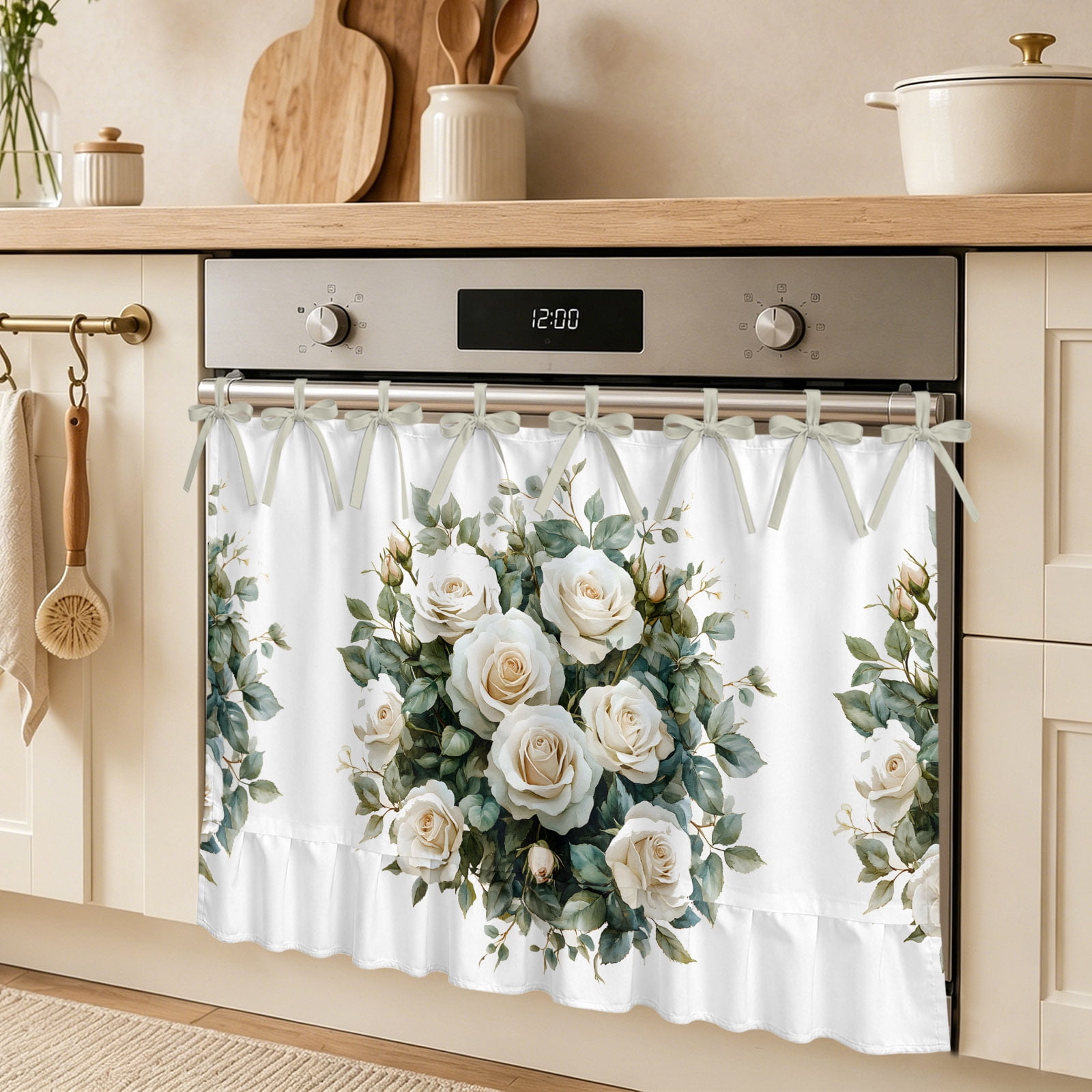 White Rose Oven Skirt Curtain Spring Pink Purple Flower Floral Watercolor Leaf Tie Top Tier Curtains Stove Dishwasher Skirt Small Window Drapes for Kitchen Bathroom Cafe 32 x24