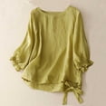 thumbnail image 2 of Lovskoo 2024 Oversized Cotton Linen Tops for Women Summer Round Neck Solid Color Blouse Tops Half Short Sleeve Vintage Tunic Casual Shirts Green L, 2 of 5