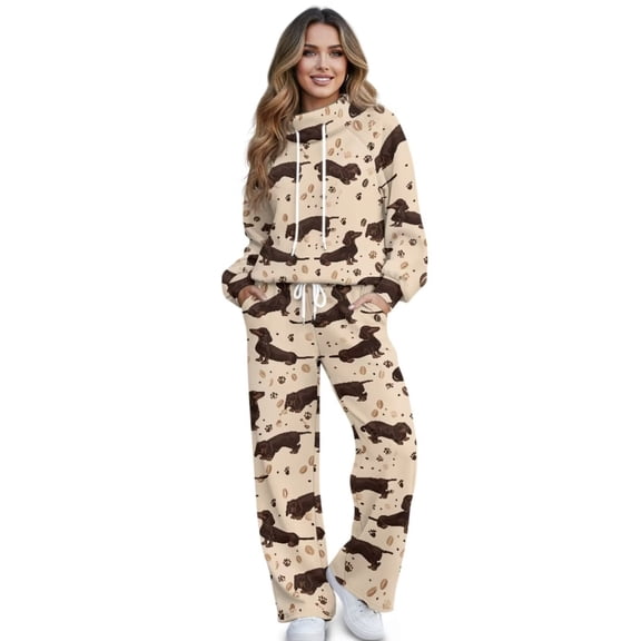 Renewold Sweatsuits Women 2 Piece Outfit Fall Outfits Long Sleeve Mockneck Sweatshirts and Wide Leg Drawstring Lounge Pants Set Sportswear, Dachshund Coffee Beans Paw Print, XS