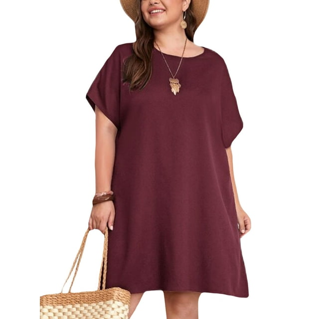 Innerwin Robes Courtes d'Été Couleur Unie Mini Robe pour Femmes Manches de Vacances Robe d'Été Surdimensionnée Rouge Vin 2TG