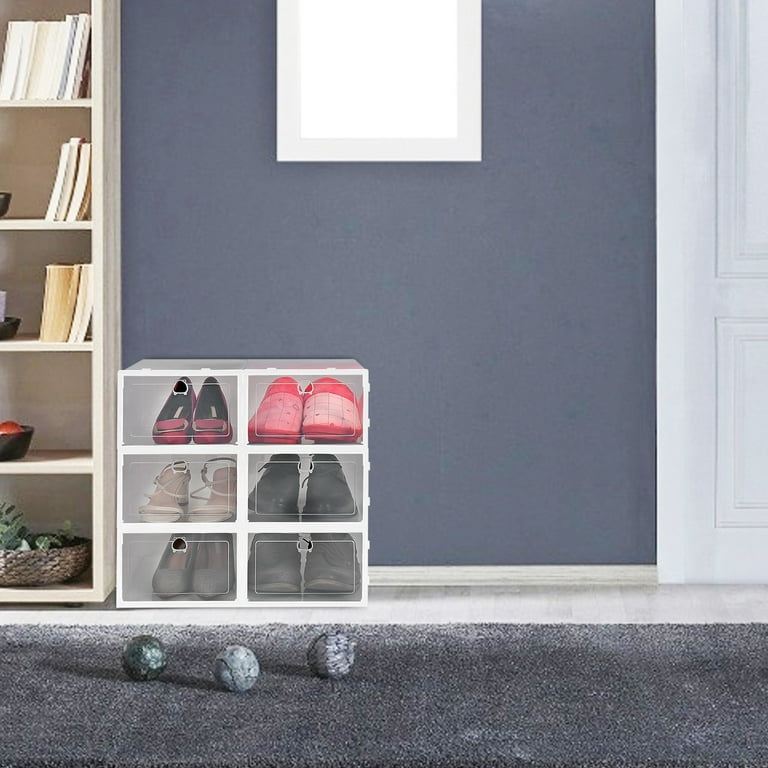 NewHome 6Pcs Collapsible Shoe Box Stackable Shoe Storage Bin Transparent Dustproof PP Shoe Organizer Container White