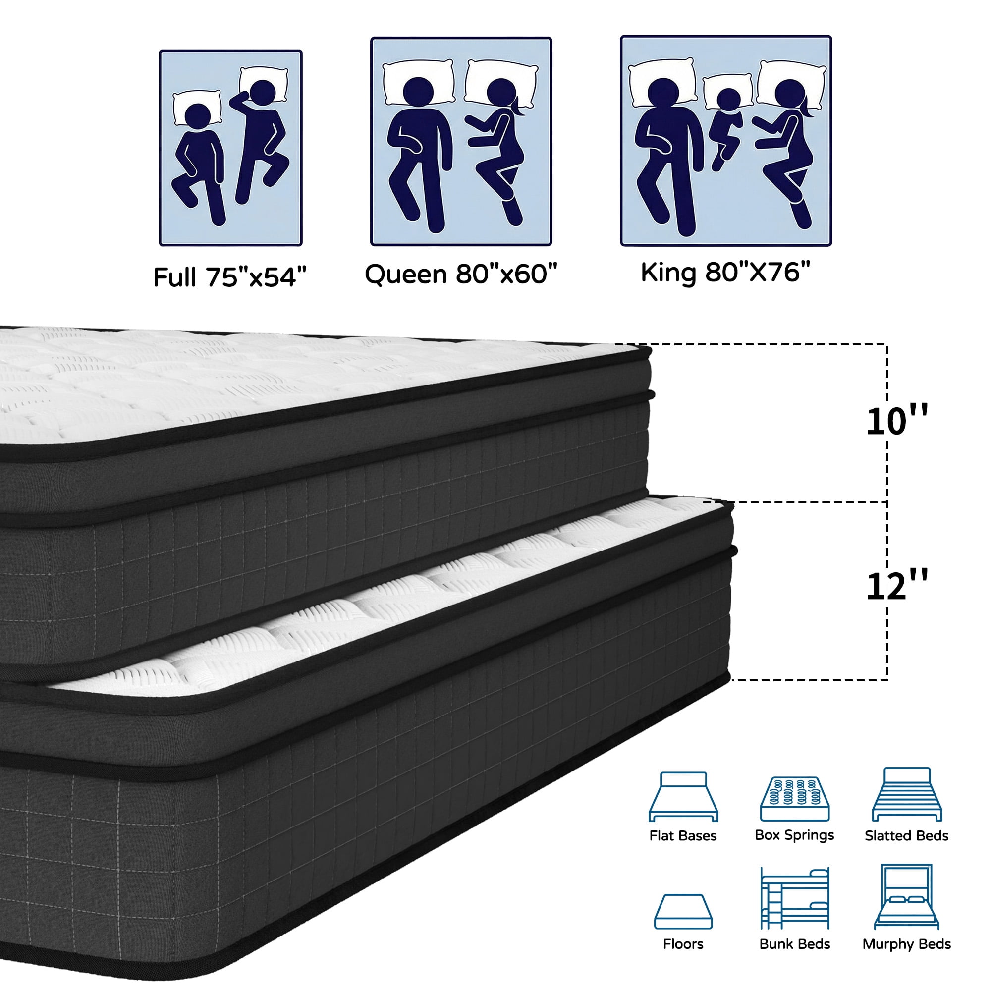 Full Size 12" Hybrid Mattress - Gel Memory Foam & Pocket Springs, Medium Firm Feel, Motion Isolation, Pressure Relief, CertiPUR-US