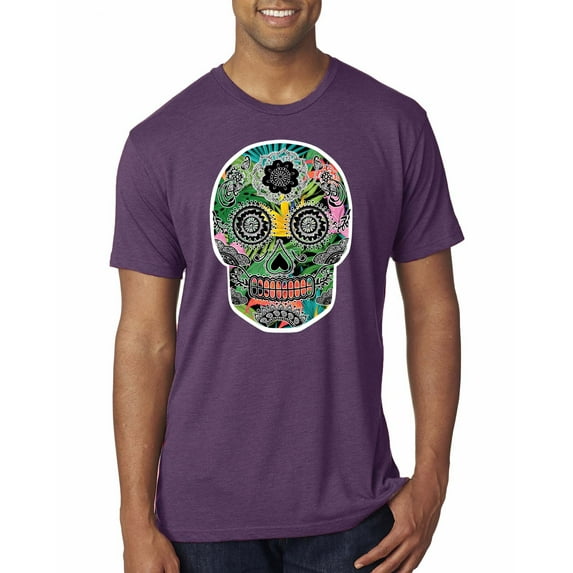 Day Of The Dead Calavera Skull Colorful Trippy | Mens Pop Culture Premium Tri Blend T-Shirt, Vintage Purple, Large