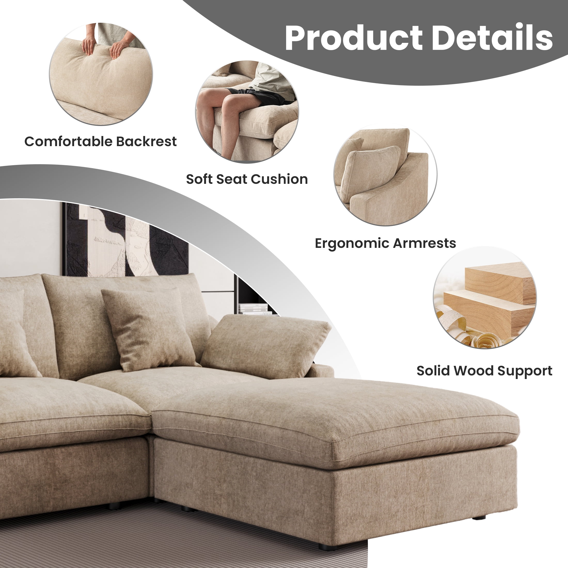The Magic Home Modular Sofa & Sectional Sofa - U Shaped Deep Seat Cloud Couch in Soft Linen Blend Fabric,Perfect for Apartment & Small Space Living,4-seat Sofa with Two Ottomans,Khaki Couch