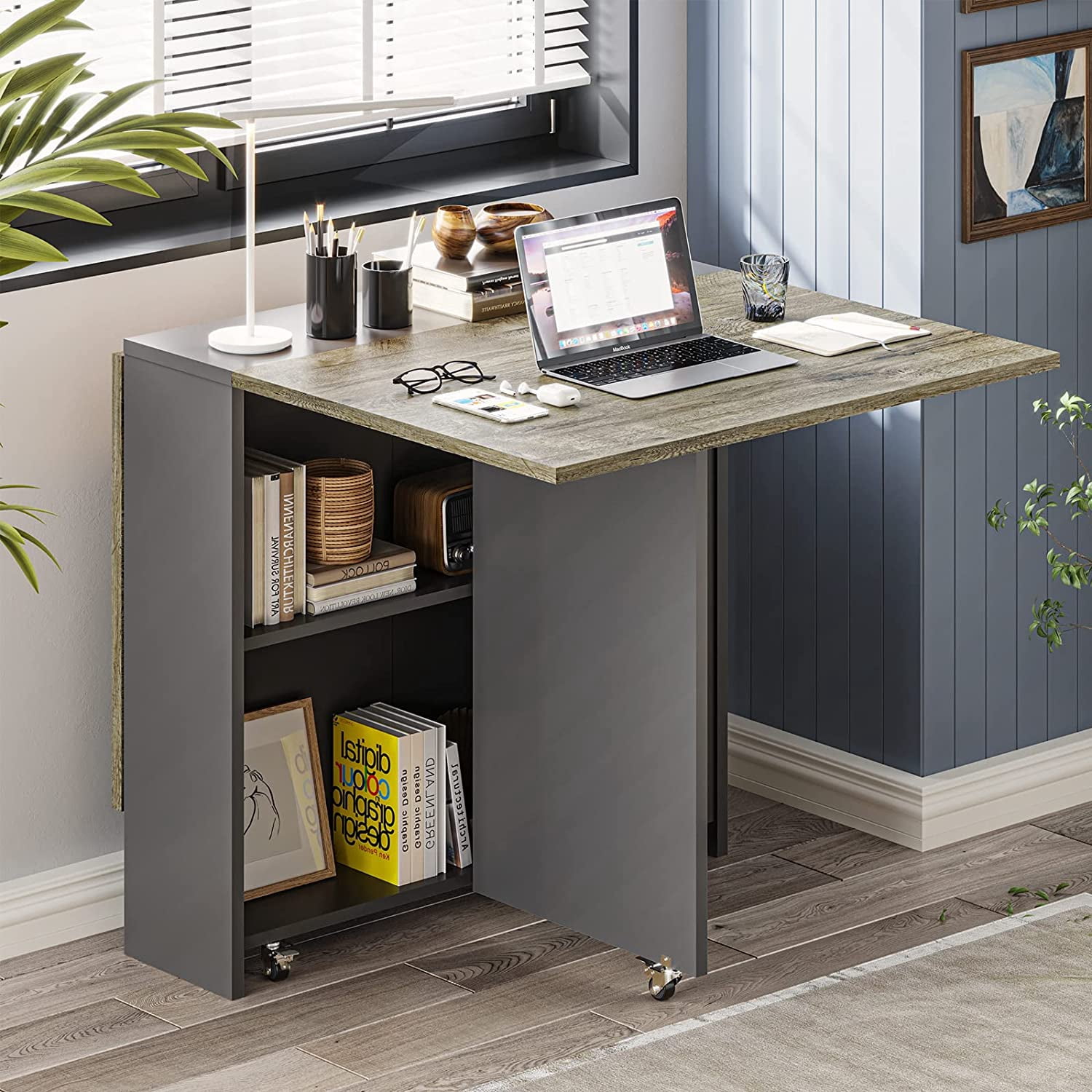 Afuhokles Folding Dining Table Drop Leaf with Wheels Multifunction Expandable Dinner Desk, Gray