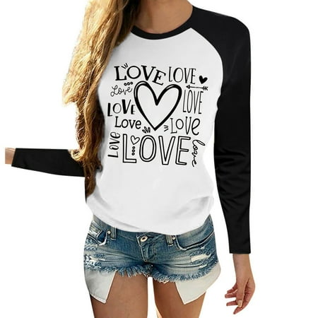 

Scrub Star Tops Sleeves Letters Heart Day Shirt Valentine s Women Sleeve LOVE Top Raglan Long Printed Blouse T-shirt Women s T-Shirts Womens T Shirt Short Sleeve