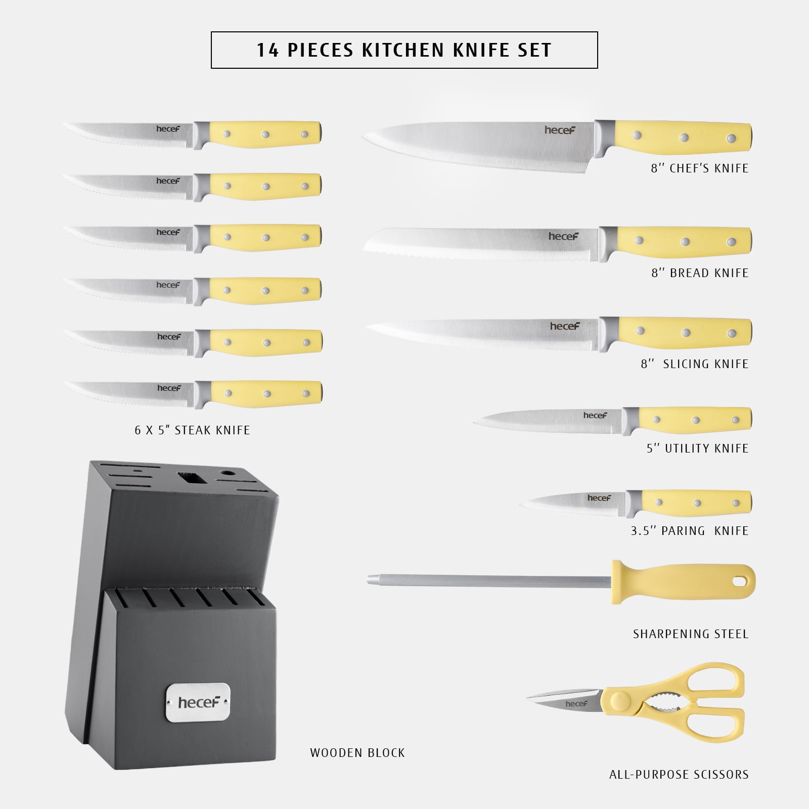 Hecef 14-Piece Yellow Knife Set, Extra Sharp High Carbon Stainless Steel Cutlery Set for Kitchen Cooking