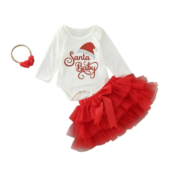TAIAOJING Girls 2 Piece Outfits Toddler Christmas Winter Long Sleeve Hat Letter Prints Romper Bowknot Skirt With Headband 3Pcs Clothes Set Outfit 18-24 Months