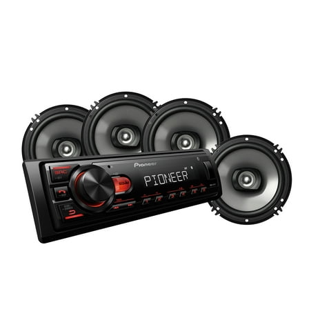 Pioneer MXT-S1466BT Car Audio Stereo Bundle ‒ Bluetooth Head Unit Receiver   (4) 6.5″ 4-Ohm Speakers, 50W x 4 RMS, Hands-Free Calling, USB, AM/FM, Loud Bass Upgrade
