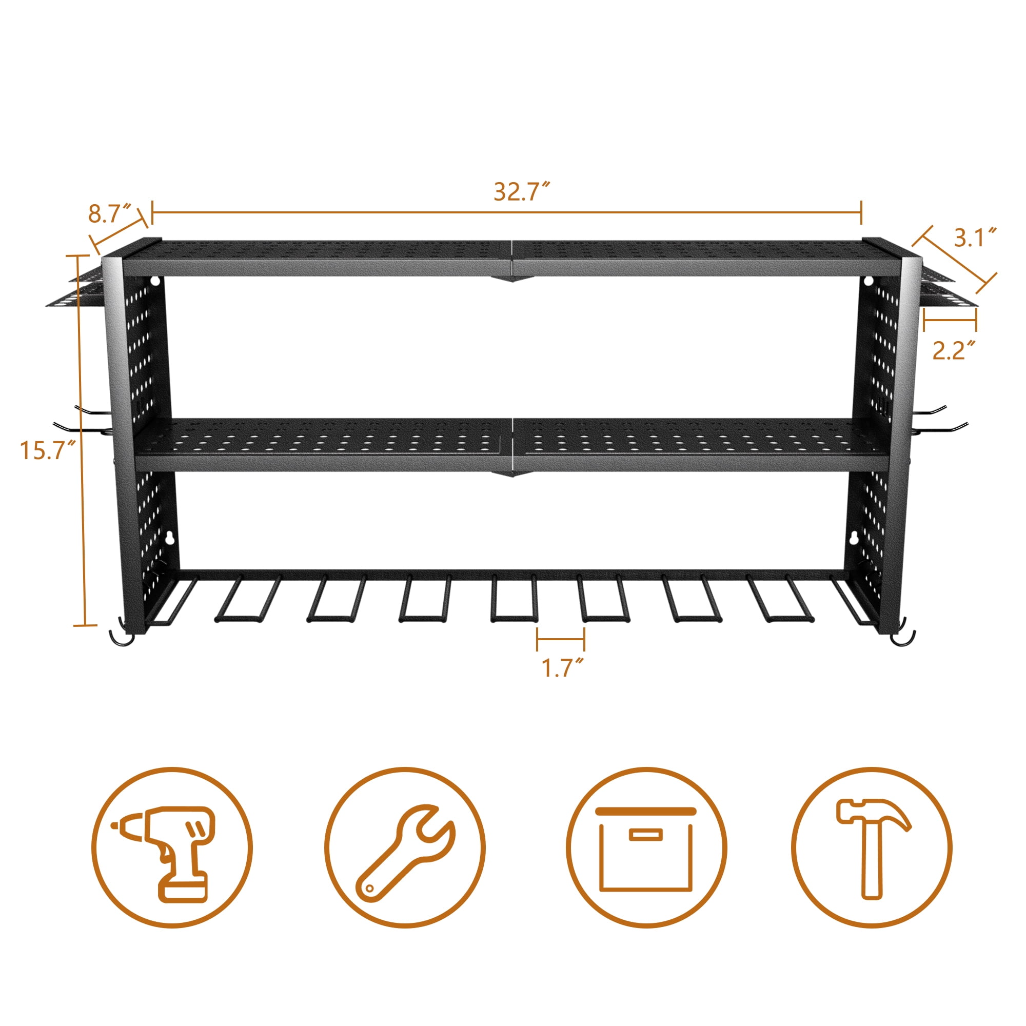 SQIREP Power Tool Organizer,3 Layers Storage Rack with 8 Drill Holders,Tool Organizer Wall Garage Organizer for Garage Organization, Workbench, Pegboard, Shed