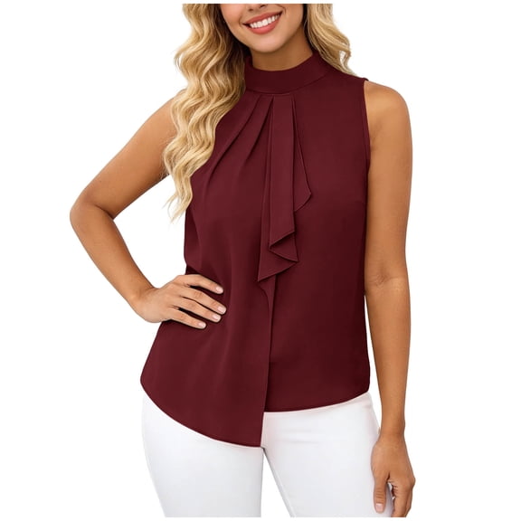 FAHXNVB Women's High Neck Sleeveless Blouse Ruffle Front Pleated Casual Summer Flowy Tops Lightweight Loose Fit Shirts