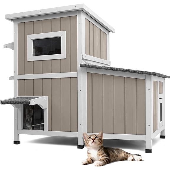 Petsblublu 2-Story Large Cat House Outdoor Feral Cat Shelter with 3 Escape Doors