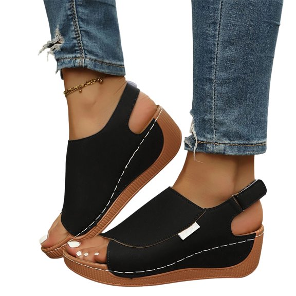 KEVCHE Strappy Wedge Sandals for Women, Dressy Summer Ankle Strap Open Toe Arch Support Sandals, Casual Comfortable Vacation Shoes, Plus Size Buttoned Peep Toe Sandals