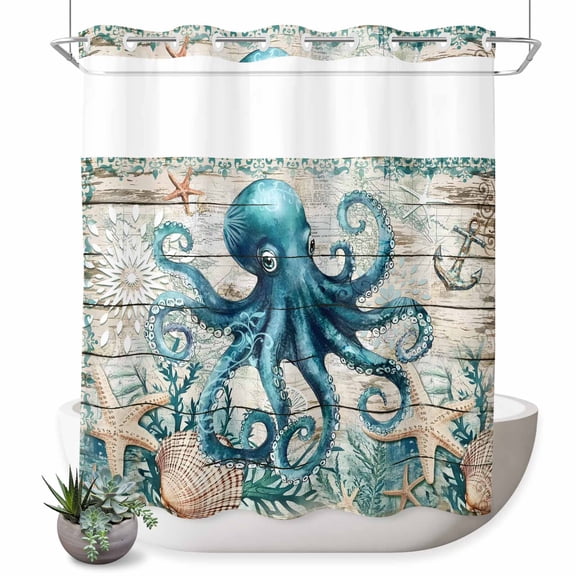 No Hook Shower Curtain with Built-in Rings - Retro Coastal Washable Waterproof Fabric Bathroom Curtains for Hotel,Rentals, 66 X 72 Inch Long , Wood Texture Octopus Starfish Shell Teal