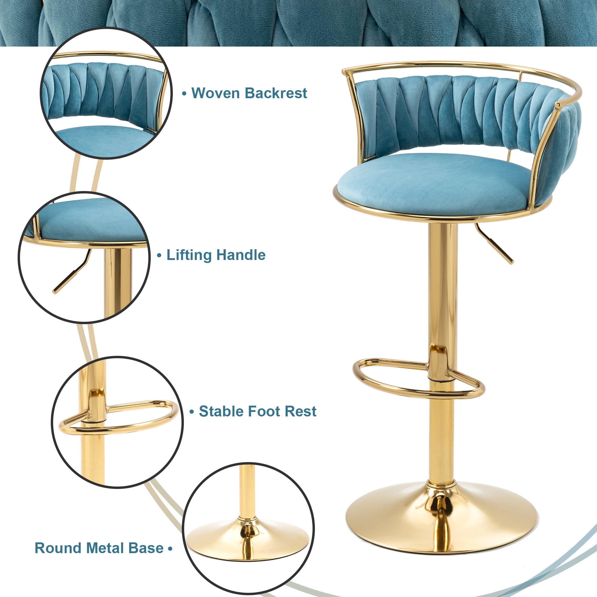 UIXE 360° Swivel Bar Stools Velvet Upholstered Adjustable Bar Chairs Set of 2 with Back & Footrest for Home and Kitchen, Blue