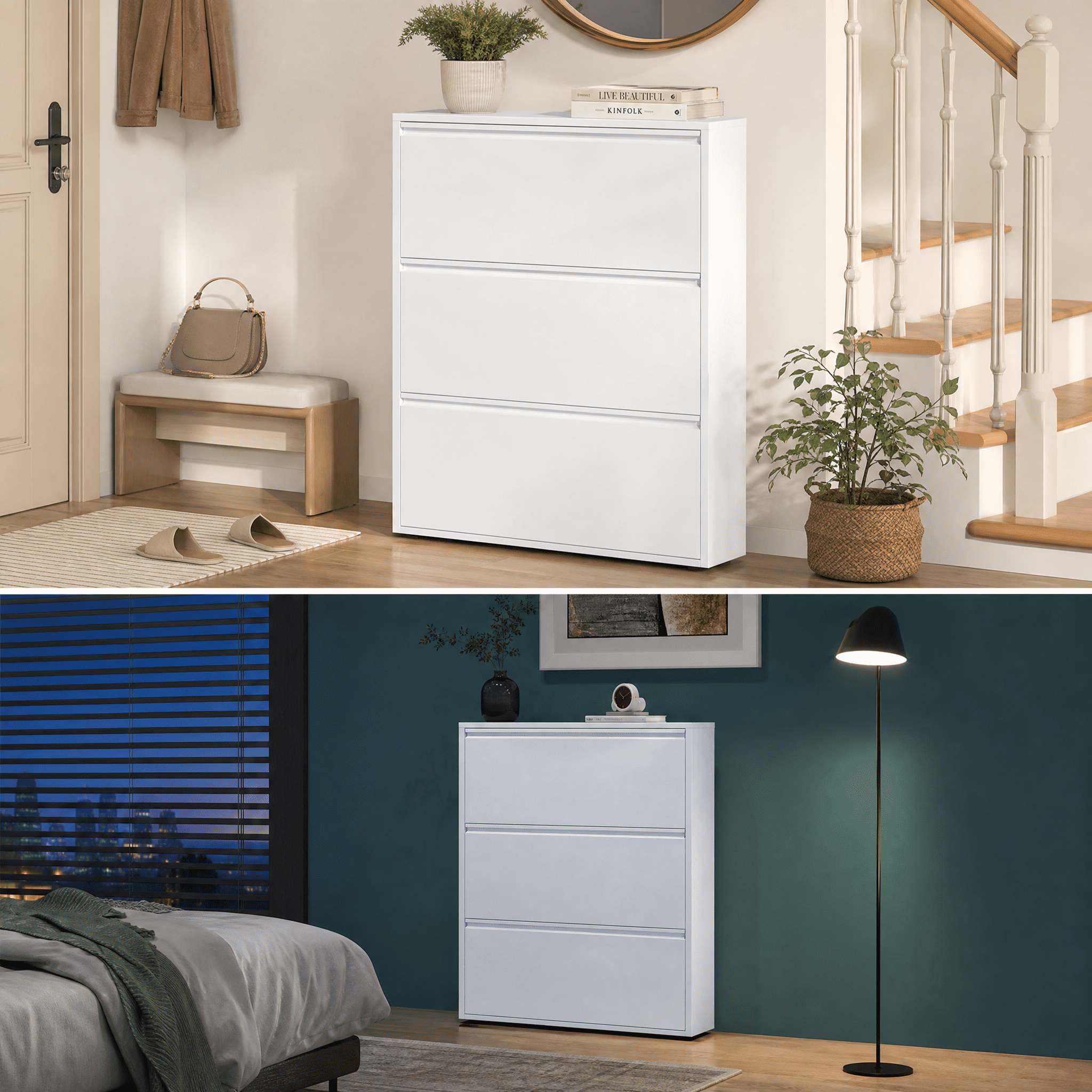 Shoe Cabinet with 3 Flip Drawers, Wall Mounted Shoe Organizer, Narrow Slim Hidden Shoe Rack for Entryway, White