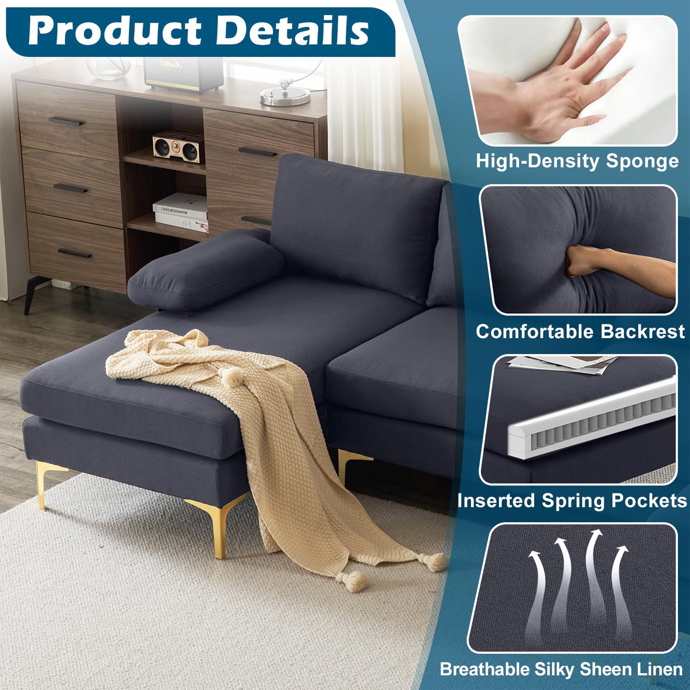 Aukfa U-Shape Sectional Sofa for Living Room, Deep Seat Sleeper Couch, Pillow Top Arm, Flannel, Gray