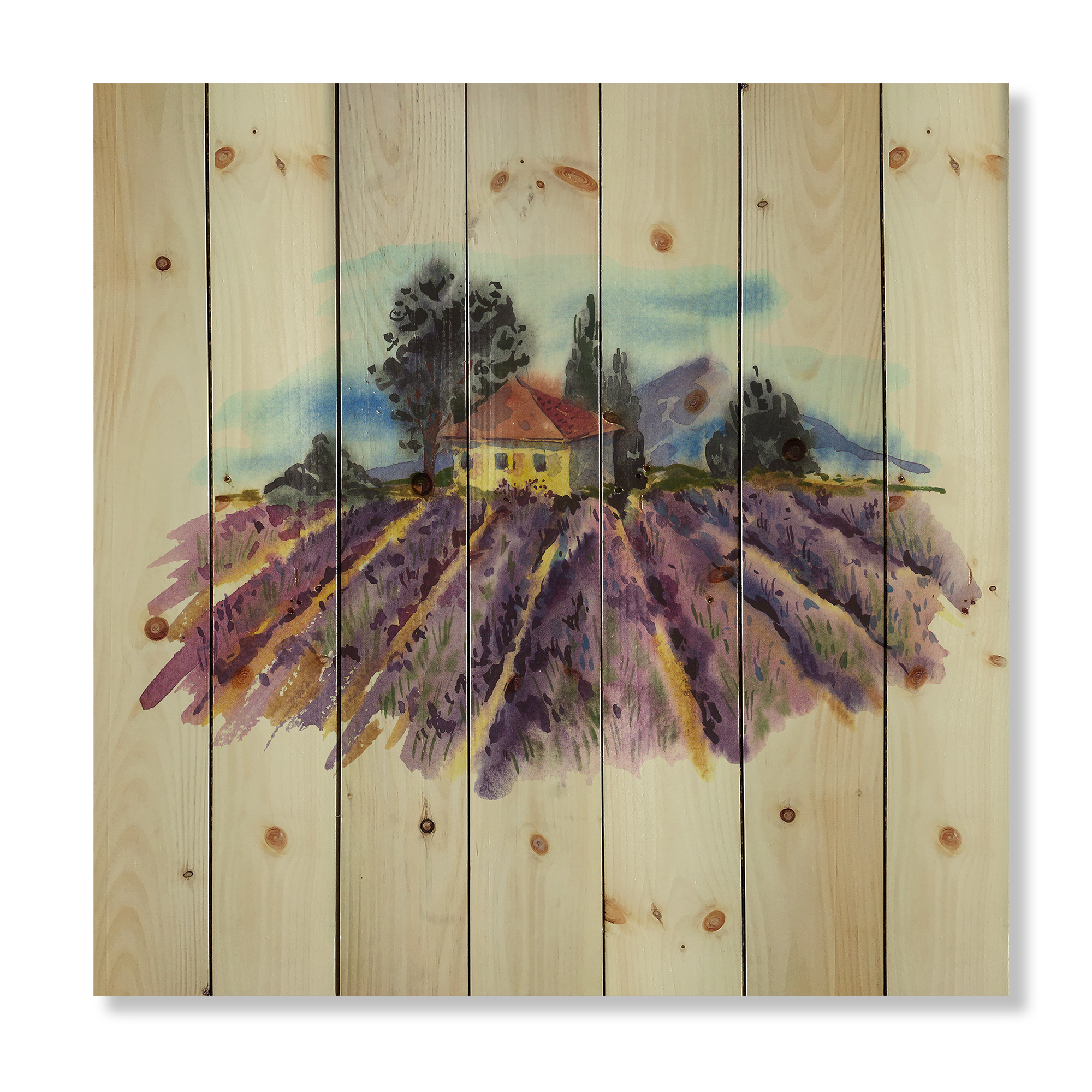 Designart 'Landscape With Blooming Lavender and Village House' Traditional Print on Natural Pine Wood