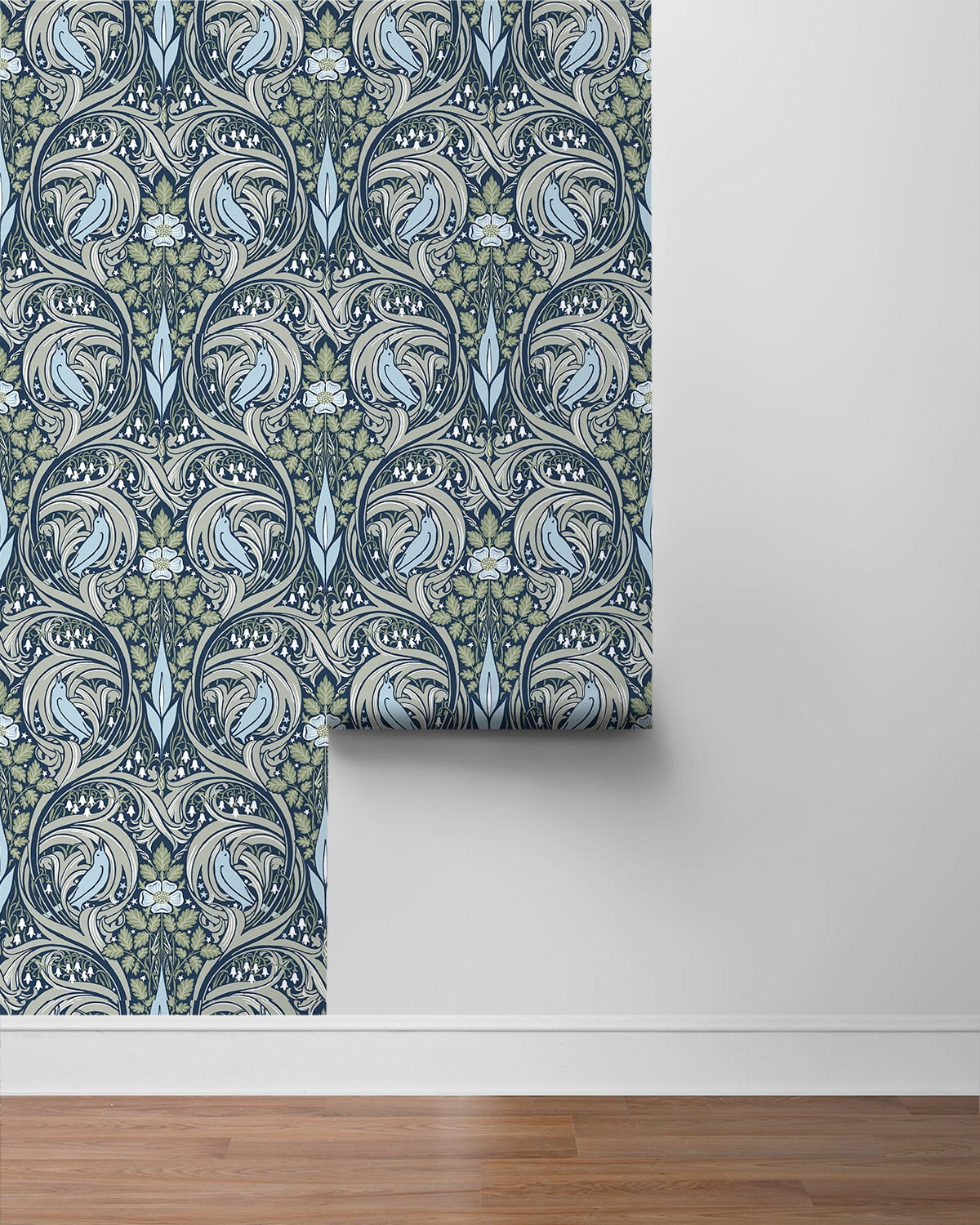 NextWall  Bird Ogee Peel and Stick Wallpaper 20.5 in. W x 18 ft. L - Navy & Fern Green