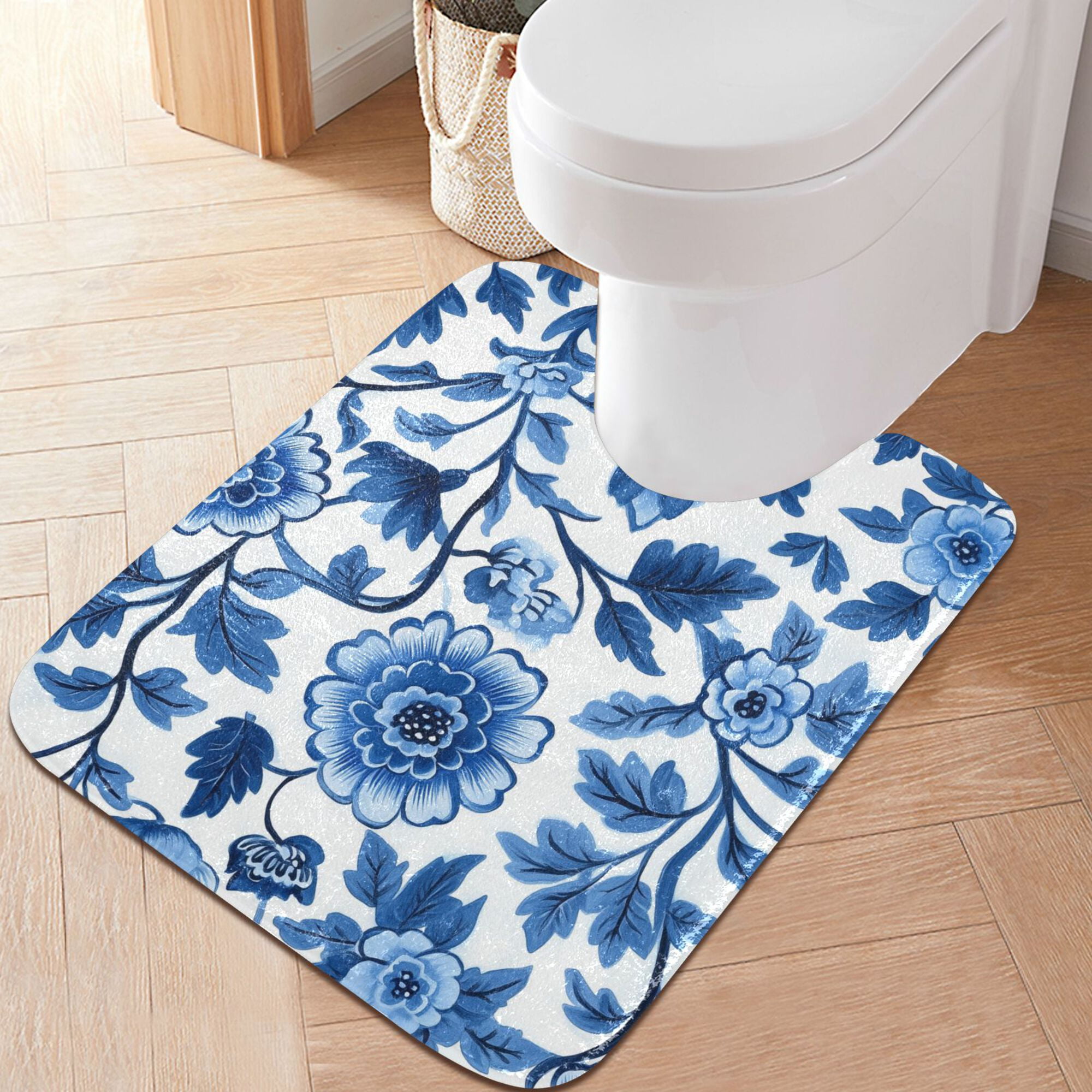 Yayeee Bath Rug for Bathroom Floor Non Slip Rectangle Fluffy Soft Absorbent Mat, 16"x24", Blue Floral Pattern