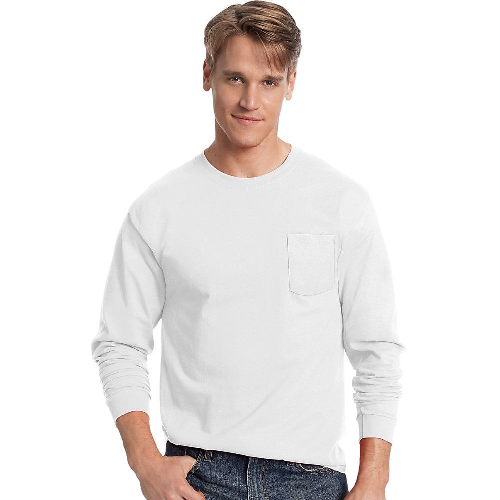 Hanes Men's Tagless Long Sleeve Pocket T-Shirt - 100% Cotton, Light Blue, Medium - View #5
