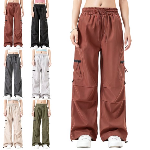 Cargo Pants for Women Windbreaker Zipper Drawstring Multi Pocket Breathable Casual Solid Trousers