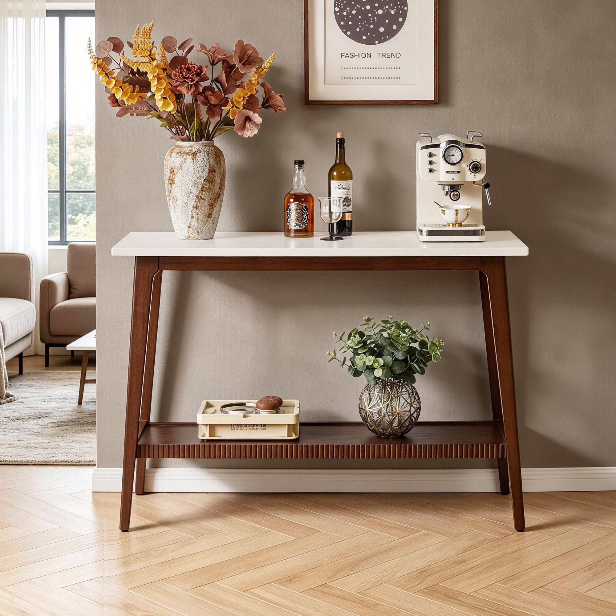 Garitin Console Table and Mid Century Modern Entryway Table 47.24 Inch, Narrow Sofa Table with Storage Shelf for Hallway Living Room, Walnut and White