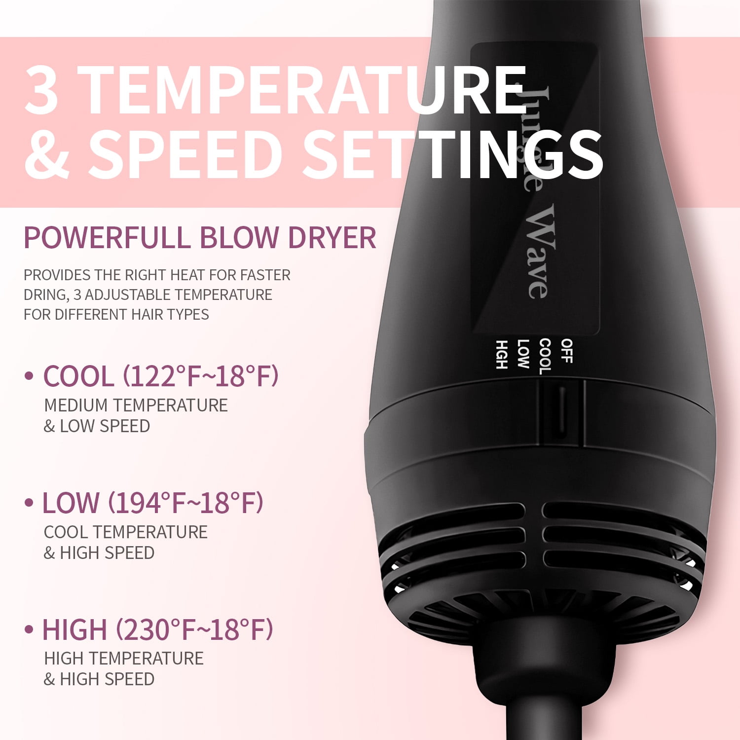 Hair Dryer Brush, Jungle Wave 2 in 1 Negative Ion Blow Dryer with Comb, Fast Drying Hot Air Brush