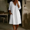 thumbnail image 2 of MaFYtyTPR Women's V-Neck Linen Shirt Dress Solid Colr Long Sleeve Loose Fit Casual Mini Dresses with Pockets for Daily Wear A-White M, 2 of 6